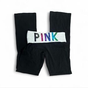 Victoria's Secret Foldover PINK Black Leggings with Multicolor Logo Waistband